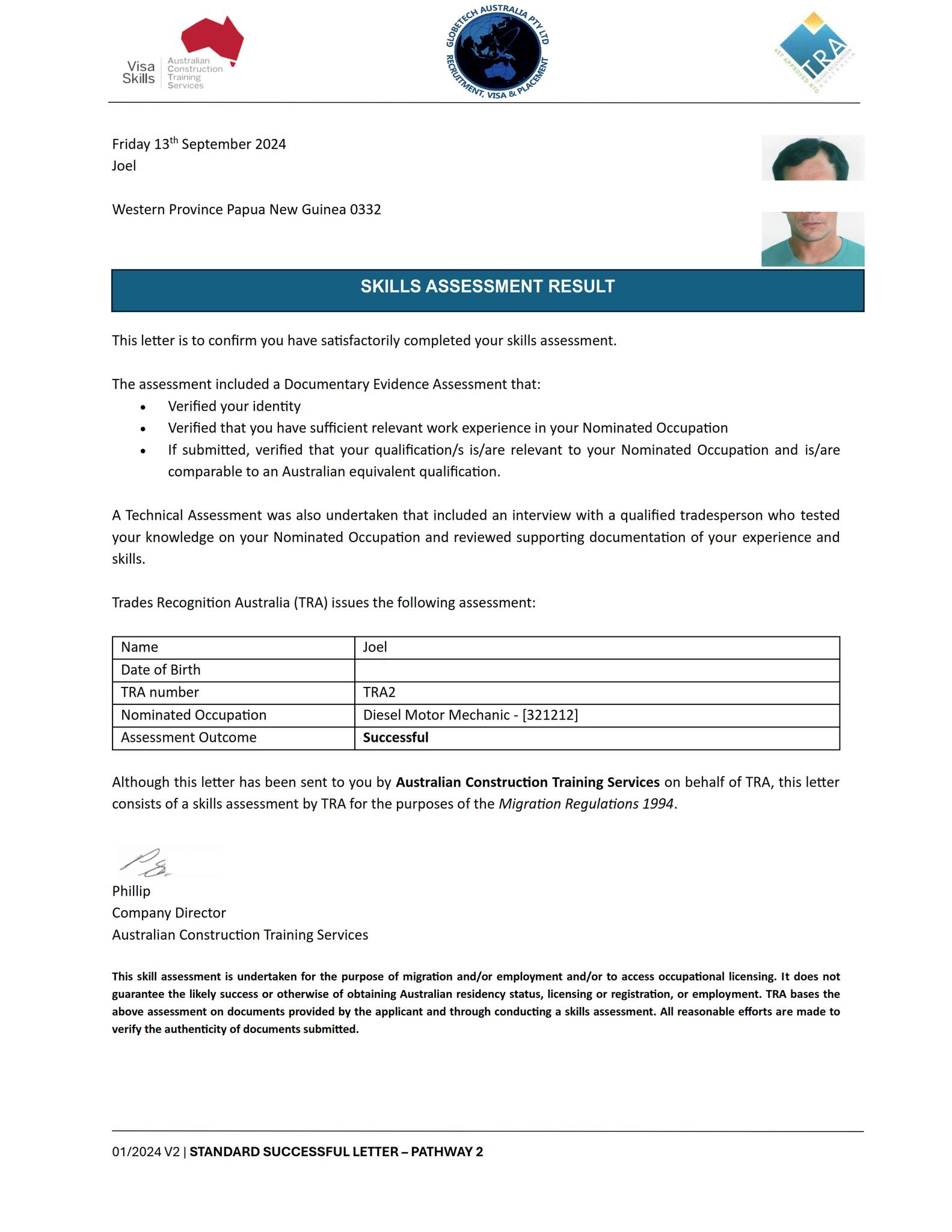 Diesel motor mechanic skills assessment certificate approved for Australian migration visa