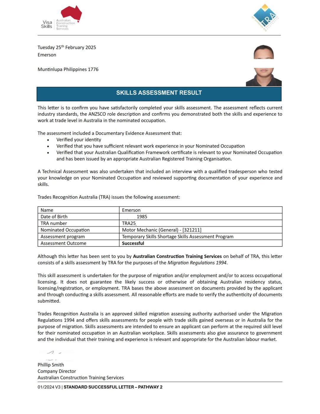 Motor mechanic general skills assessment result for Australian skilled migration program