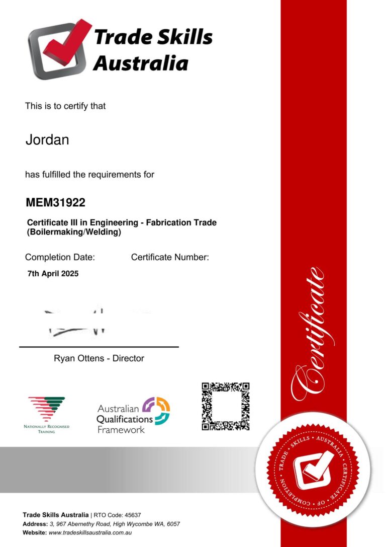 Trades Skills Australia Certificate III boilermaking welding for skilled migration program