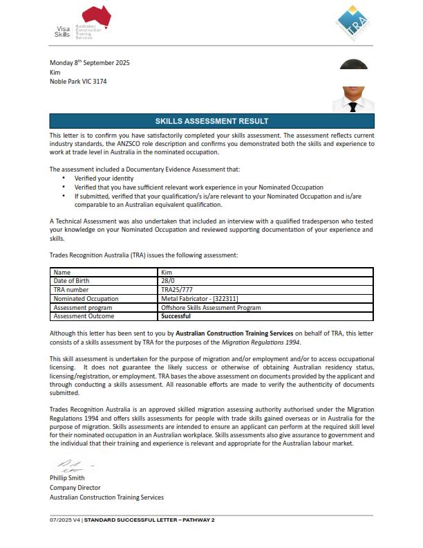 Metal fabricator trade skills certification for Australian employer sponsorship visa