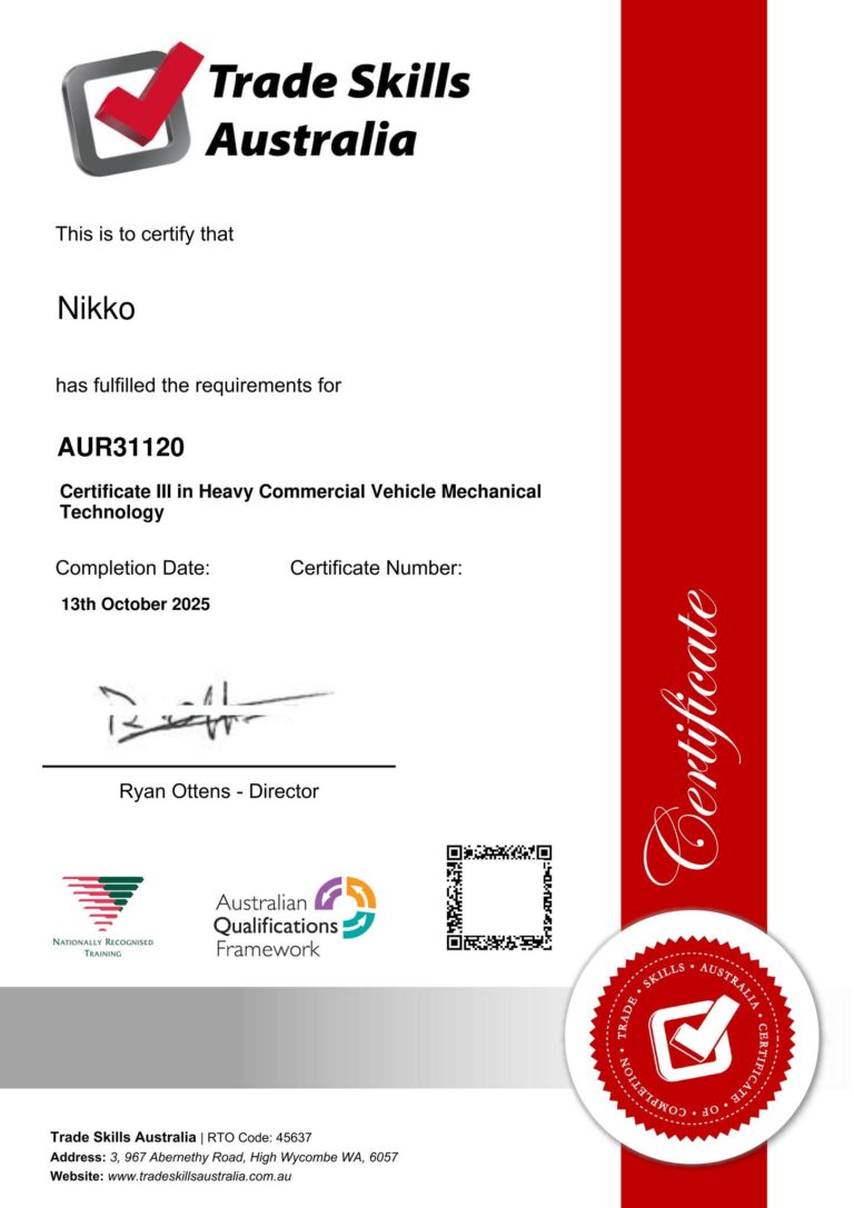 Trades Skills Australia Certificate III Heavy Commercial Vehicle mechanic for migration