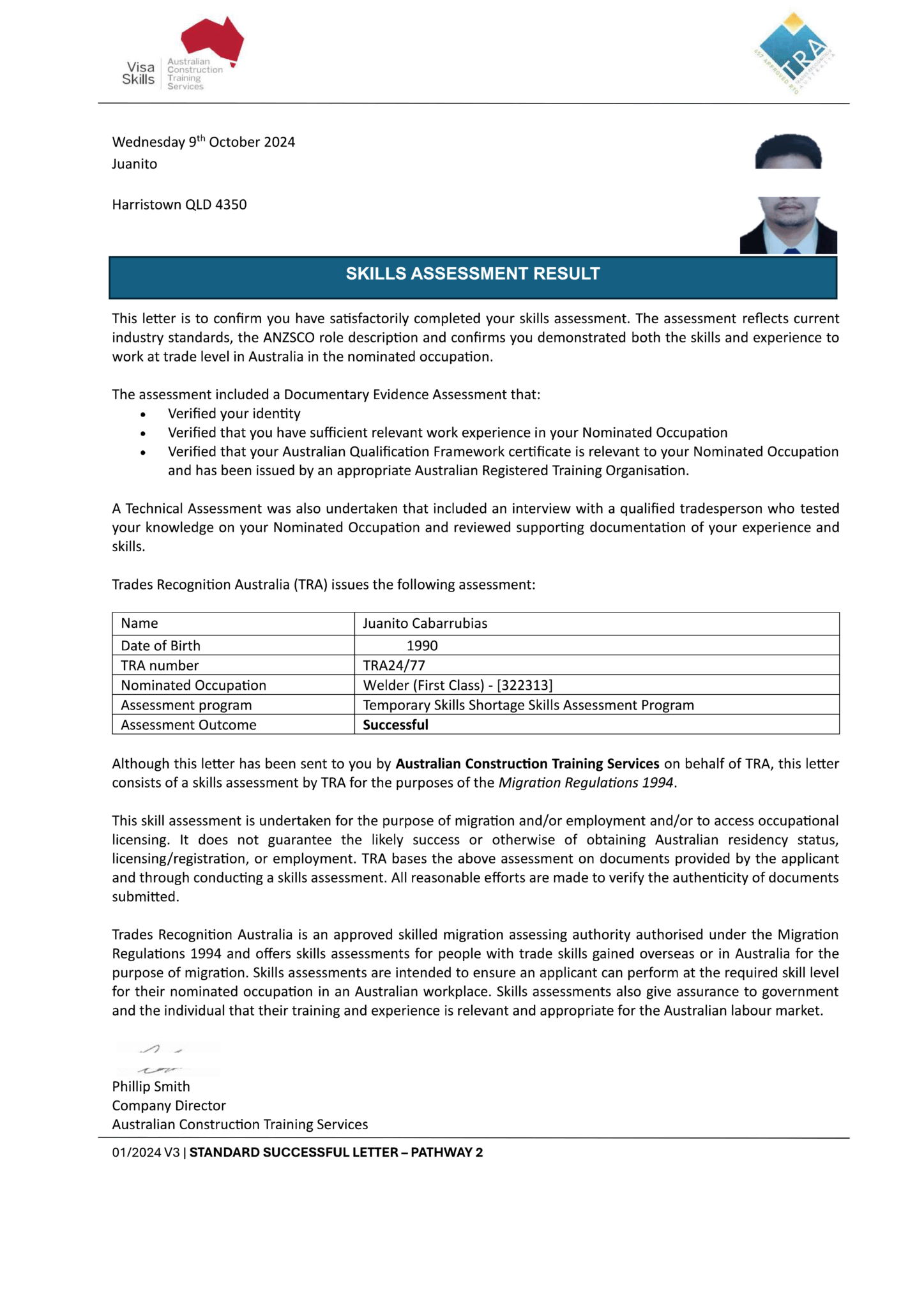 First class welder skills assessment certificate for Australian skilled trades visa