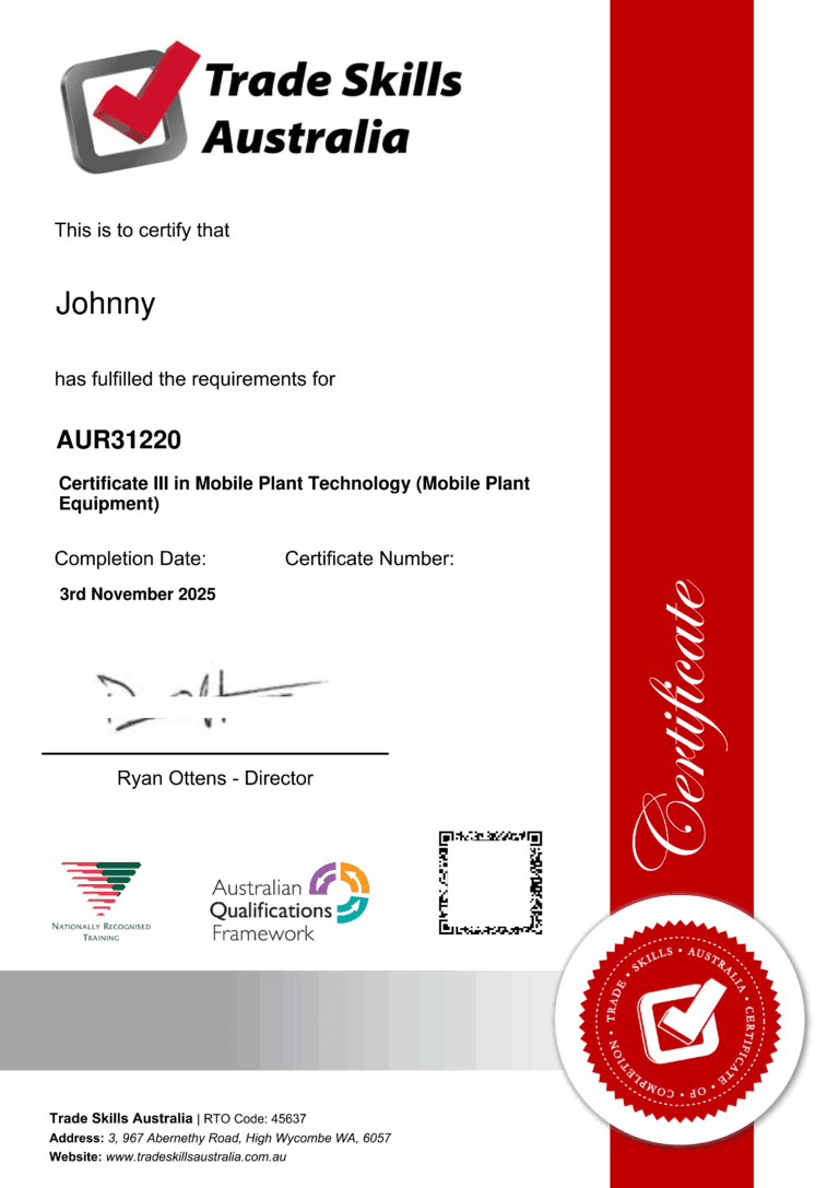 Trades Skills Australia Certificate III Mobile Plant Technology for skilled migration visa