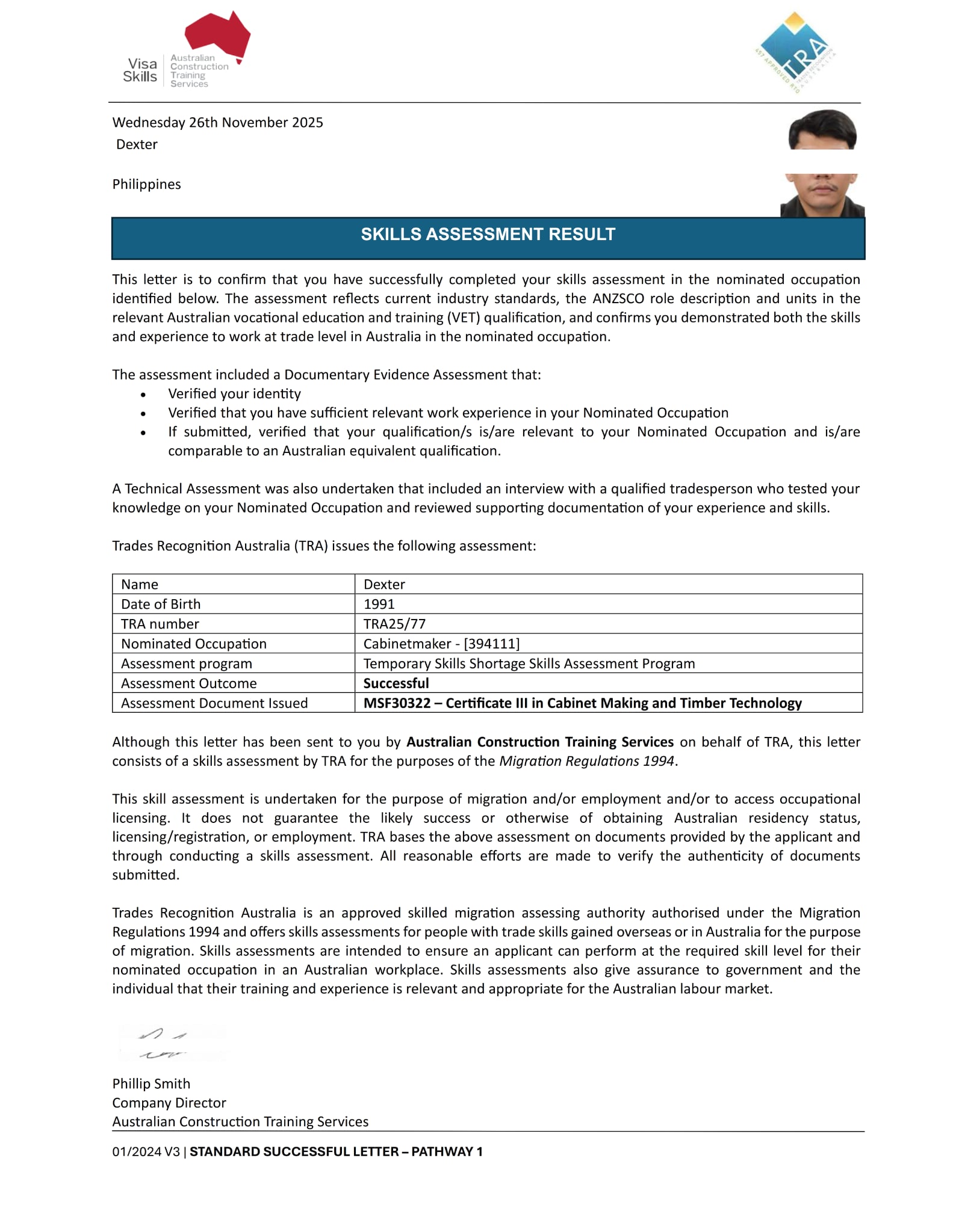 Cabinetmaker skills assessment certificate for Australian carpentry and joinery visa